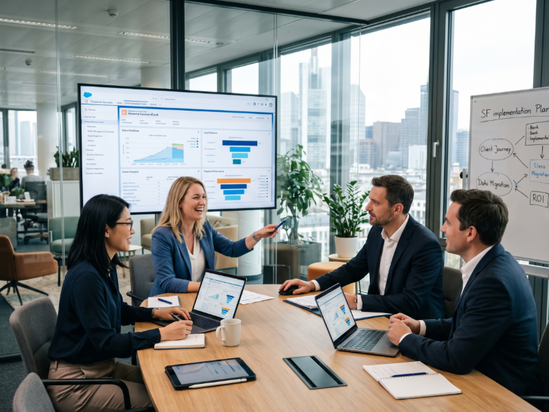 Team bei einer Salesforce-Implementierung im Finanzsektor